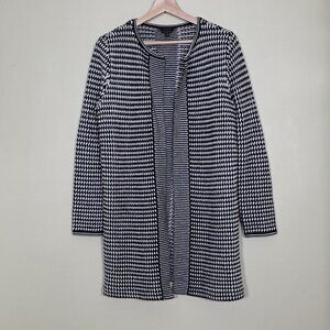 Talbots Cardigan Womens M Black White Geo Pattern LS Merino Wool Open Front Boho